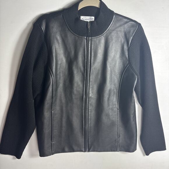 Vintage Pendleton Black Leather And Wool Full Zip Up Jacket Women’s Size L USA - Picture 1 of 7
